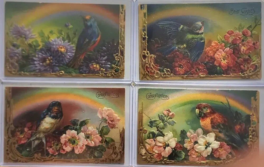 Lot Of Four Vintage Antique Embossed Postcards Flowers Birds Best Wishes Congrat